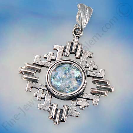 Silver Jerusalem Cross set with Roman glass .