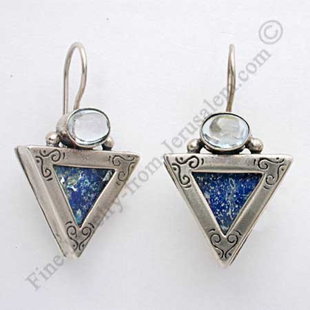 Silver triangle Roman Glass earrings