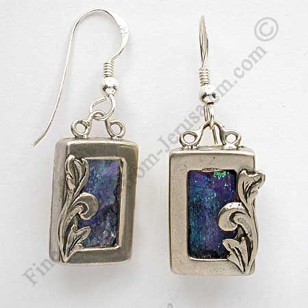 Delicate sterling silver rectangle earrings with Roman glass