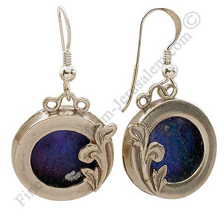 Delicate sterling silver round earrings with Roman glass