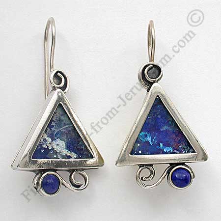 Sterling silver triangle earrings set with Roman glass & Lapis