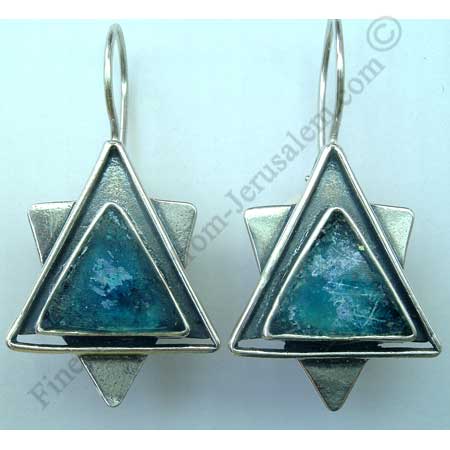 modern design in sterling silver Star of David earrings with triangle Roman glass