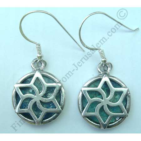 modern design in sterling silver Star of David earrings with Roman glass