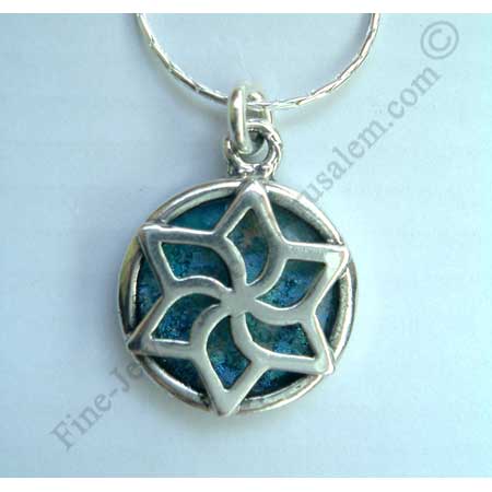 modern design in sterling silver Star of David pendant with Roman glass