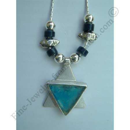 modern sterling silver Star of David pendant with silver and demortorite beads and Roman glass