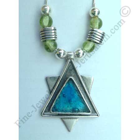 modern design in sterling silver Star of David pendant with assorted silver beads peridot beads and