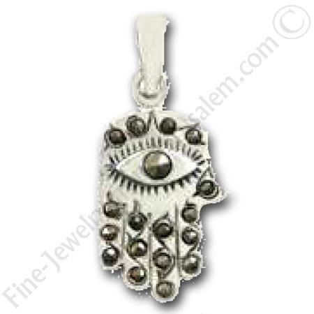 silver Hamsa pendant set with markasite