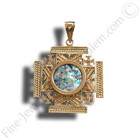 14K gold Jerusalem cross pendant with roman glass